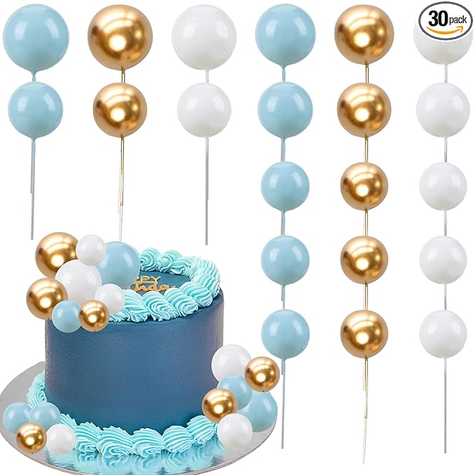 Gyufise 30Pcs Ball Cake Topper Ball Cake Picks Colorful Pearl Ball Shaped Cupcake Insert Cake Topper for Bear Theme Birthday Party Favors Wedding Decoration Supplies Blue White Gold