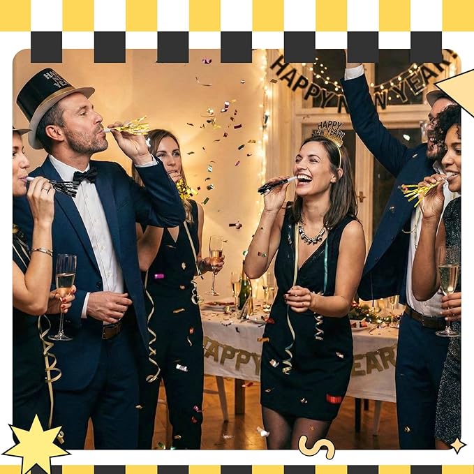 Sumind 24 Pcs Black and Gold Noise Makers Glitter Noise Makers Metallic Fringed Party Blowers for Adults Birthday Graduation Sporting Events 2026 New Years Party Favor Supplies