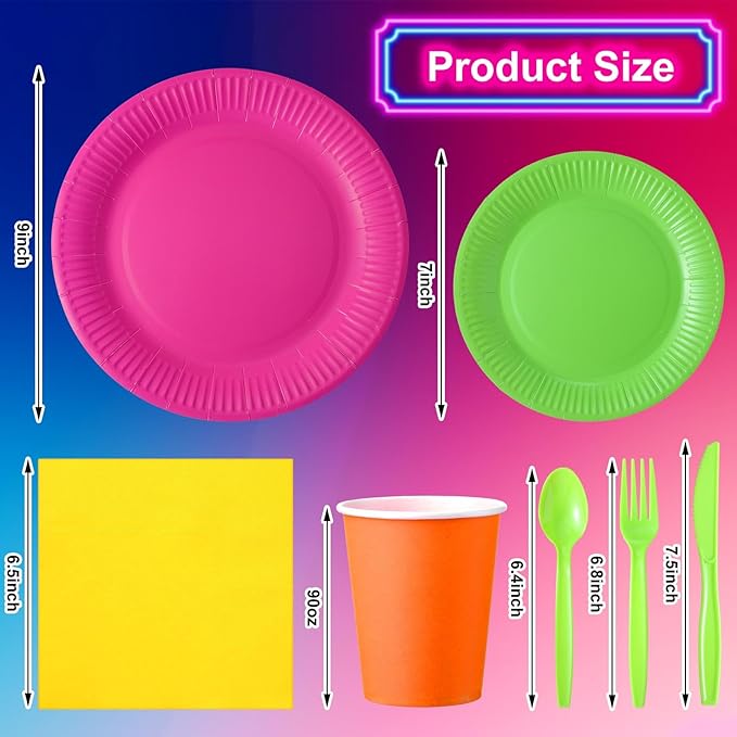 Tioncy 350 Pcs Neon Glow Party Supplies Serves 50, Including Disposable 9 Inch 7 Inch Paper Plates Napkins Cups and Plastic Forks Knives Spoons for Neon Party Decorations Fiesta Birthday Supplies