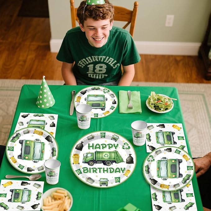 198 Pcs Trash Truck Birthday Decorations Garbage Truck Waste Management Party Supplies Banner Balloons Plates and Napkins Set with 2 Pcs Tablecloth Recycling Rubbish Truck Birthday for Boys Girls