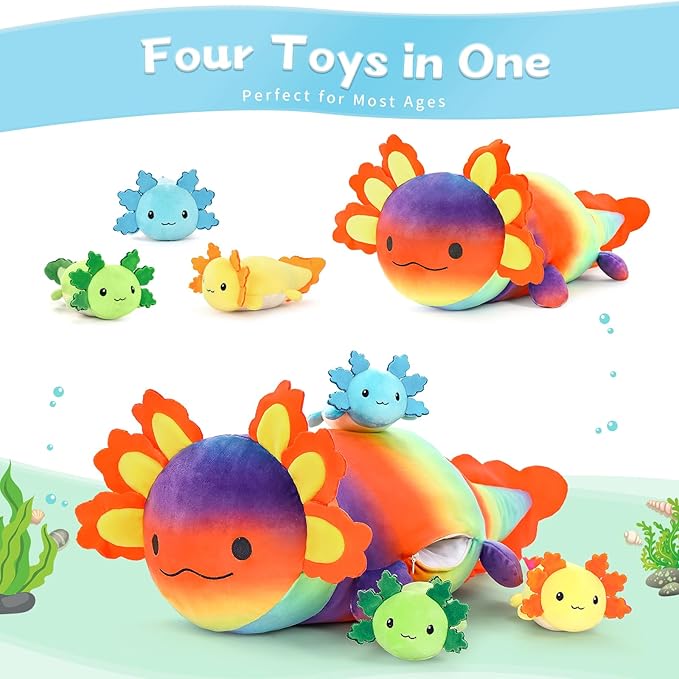 4Pcs Axolotl Plush, Giant Salamander Stuffed Animal Mommy 24 Inch with 3 Babies in Tummy, Cuddly Gifts for Kids Girls Boys