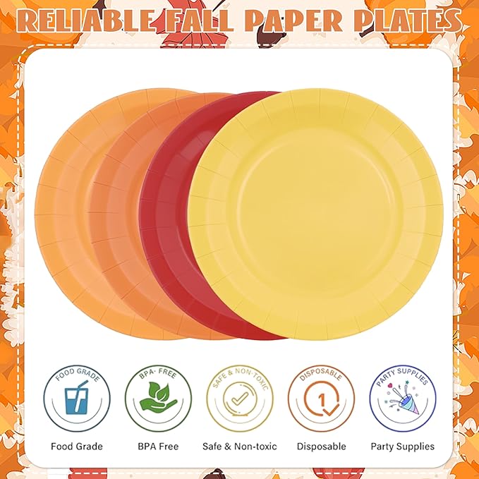 48PCS Fall Thanksgiving Plates, Fall Paper Plates Autumn Party Tableware for Birthday Harvest Holiday Friendsgiving Thanksgiving Party Supplies, 7 Inch