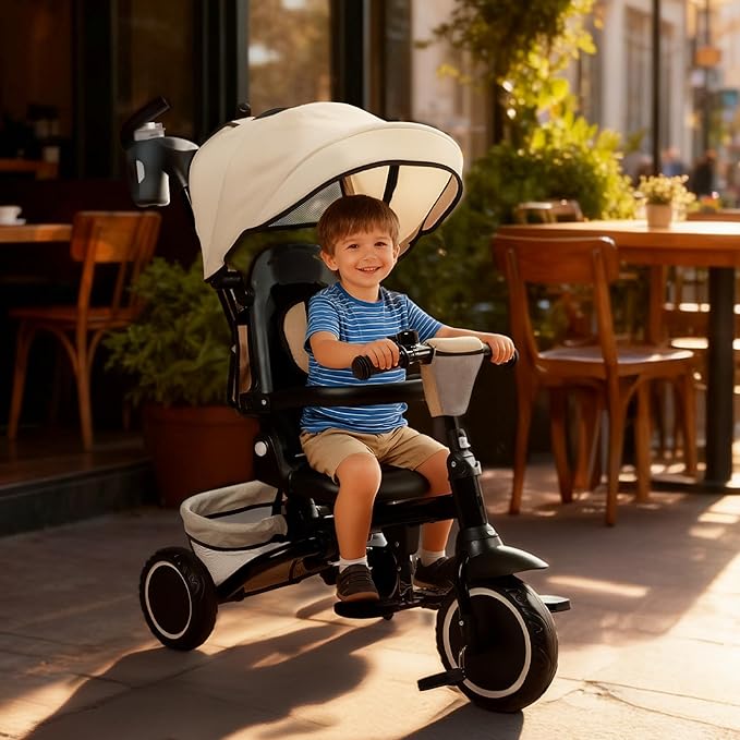 8 in 1 Kids Tricycle, Folding Toddler Tricycle w/Reversible Seat, Adjustable Push Rod & Canopy, Baby Trike Toddler Bike w/Bell, 5-Point Harness, Extra Storage, Cup Holder, Khaki