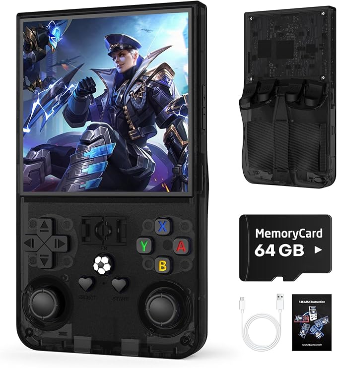 R36MAX Retro Handheld Game Console, 64GB Retro Gaming Console with 4.0 Inch Screen, Open Linux System (Transparent Black)
