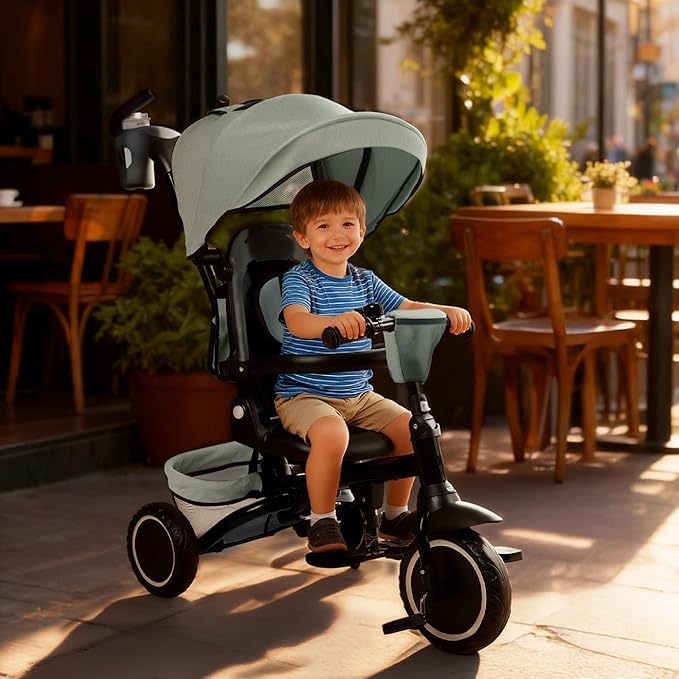 8 in 1 Kids Tricycle, Folding Toddler Tricycle w/Reversible Seat, Adjustable Push Rod & Canopy, Baby Trike Toddler Bike w/Bell, 5-Point Harness, Extra Storage, Cup Holder, Pale Green