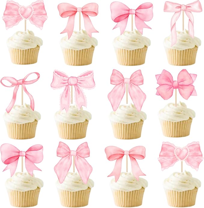 24PCS Coquette Bow Cupcake Toppers, Pink Bows Coquette Birthday Cake Decorations for Bachelorette Bridal Engagement Wedding Girl Baby Shower Bow Theme Party Décor