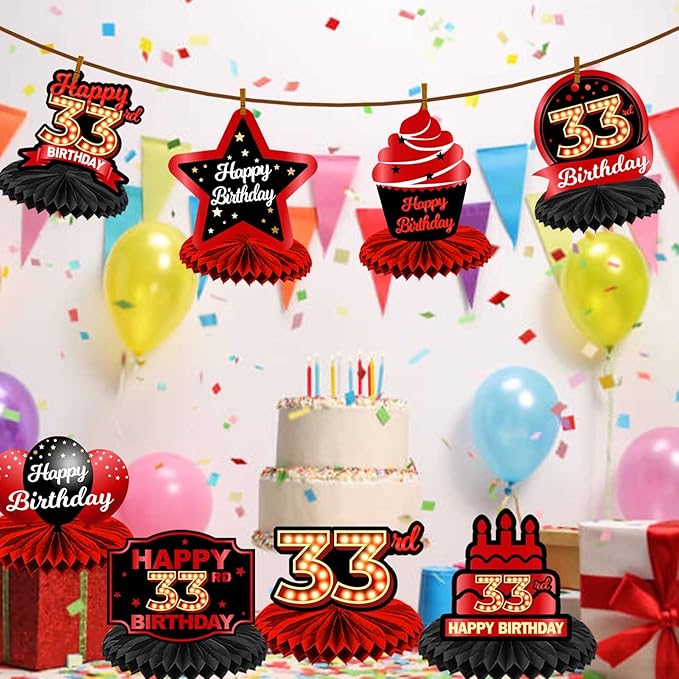 Happy 33rd Birthday Red and Black Table Honeycomb Centerpieces Balloons Theme Decor Table Decorations Table Toppers for Girls Women Princess 33 Years Old Birthday Party Bday Supplies Background Gold
