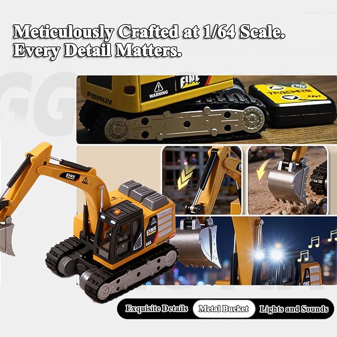 RC Excavator, 1/64 Scale Metal RC Truck, 2.4GHz Construction Vehicle with Sounds & Light, Dual Speed, APP Control, Hobby Toy for Adults and Kids