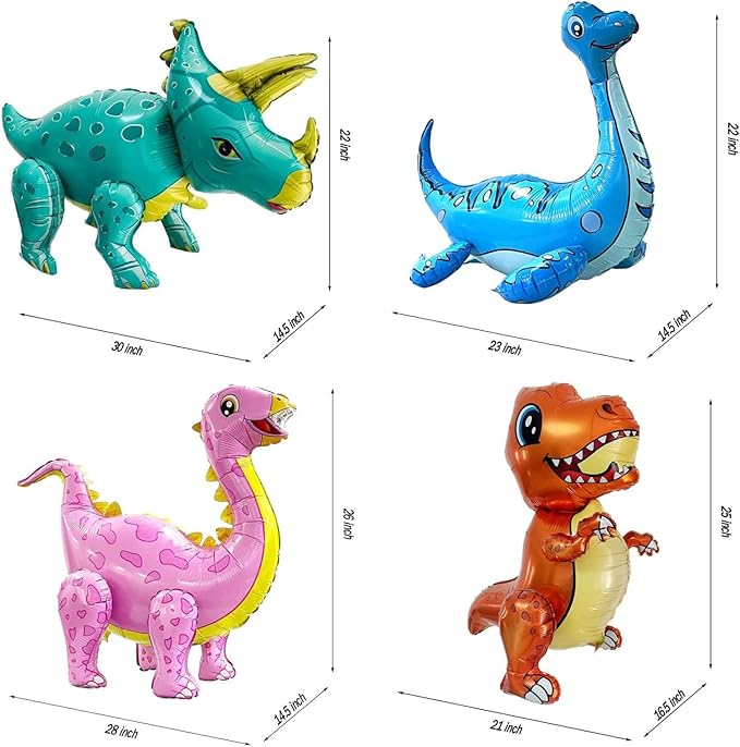 3D Dinosaur Balloons Birthday Party Decorations for Dino Themed Bday Party Supplies, Shower, Celebration, Cute Self Standing Dino Balloons(4Pcs)
