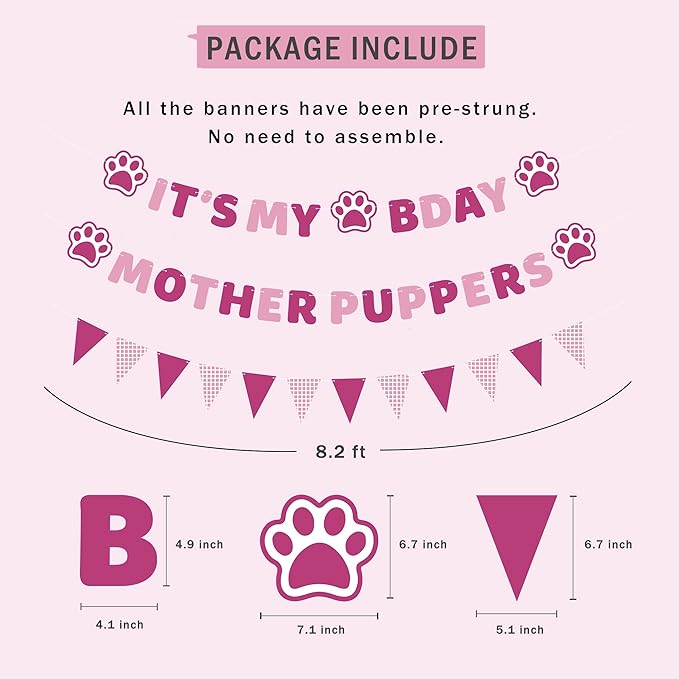 Vicycaty Puppy Dog Birthday Banner, Mother Puppers, It's My Bday, Pink Pennants, 98.43x16.69 inches Cardboard