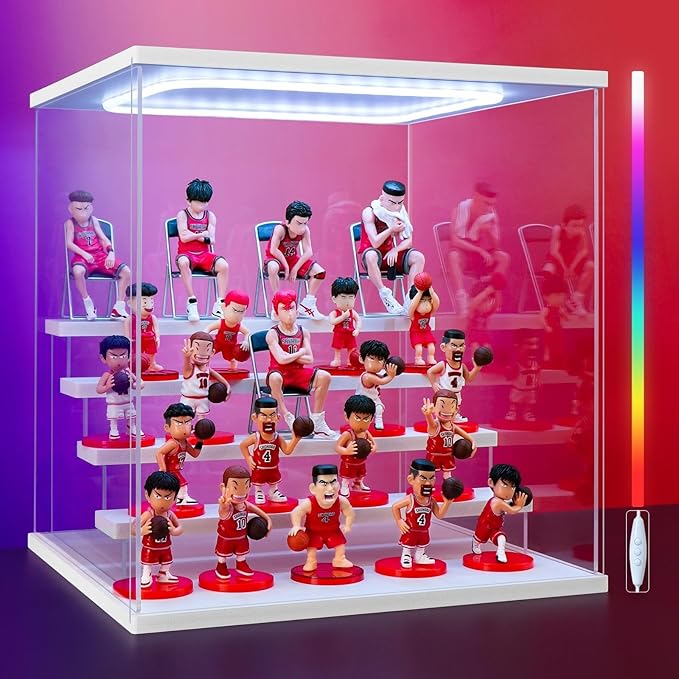5 Tier Clear Acrylic Display Case with Colorful LED Lights, Dustproof Tiered Showcase for Funko Pop, Action Figures and Collectibles (12.6"x11.4"x13.3")