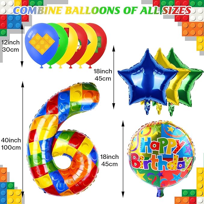 40 Inch Building Block Number Balloon, Colorful Number Block Foil Balloons Large Big Numbers Helium Balloon for Girls Boys 6th Birthday Brick Theme Party Decorations (Number 6)