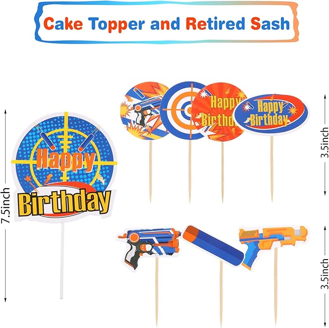 Skylety 53 Pieces Dart Battle Birthday Party Supplies Dart Gun Birthday Decorations Include Gun Happy Banner Paper Flower Pom Hanging Swirls Latex Balloons Tassel Garland Cake Cupcake Topper