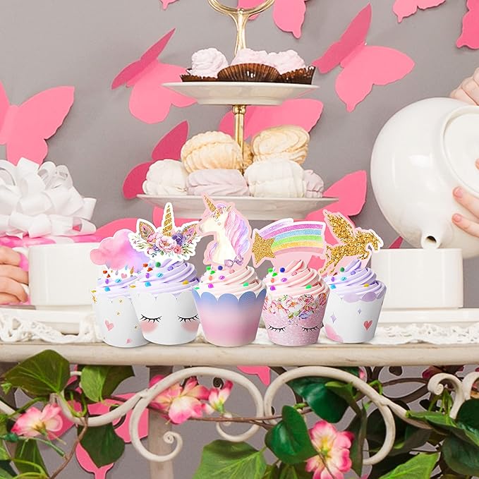 Censen 30 Pieces Unicorn Cupcake Toppers and Wrappers Decorations Unicorn Cup Cake Liners Rainbow Birthday Party Supplies Rainbow Topper Decorations for Girls Women Birthday Party