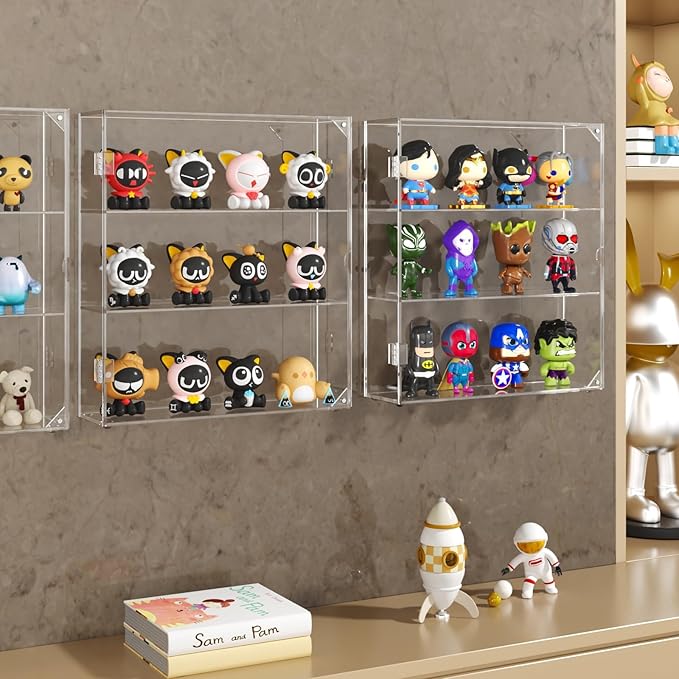 NIUBEE Acrylic Display Case, Clear Display Case for Funko Pop Figures, Wall Mounted or Desktop Dustproof Display Cabinet Box for Collectibles ,Rock,Crystals,Mini Toys,Amiibo (3 Tiers)