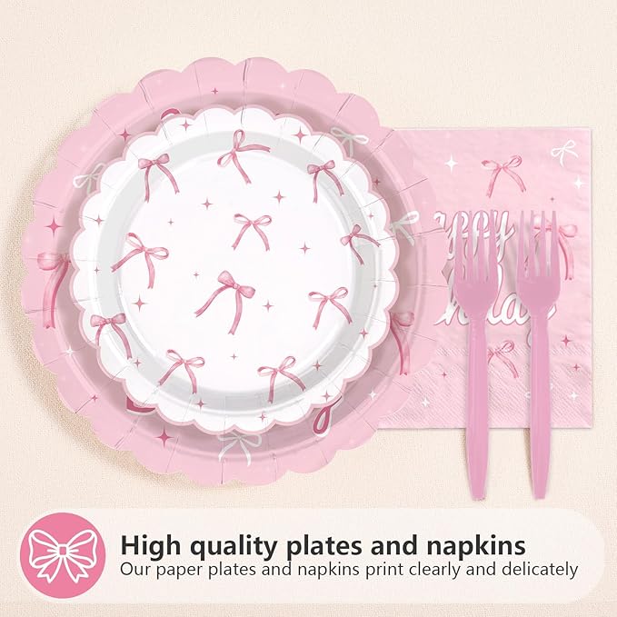 96Pcs Pink Bow Party Supplies Coquette 21th Birthday Party Plates and Napkins Disposable Bow Themed Tableware Set for Girl Happy 21th Birthday Baby Shower Decorations, Serves 24
