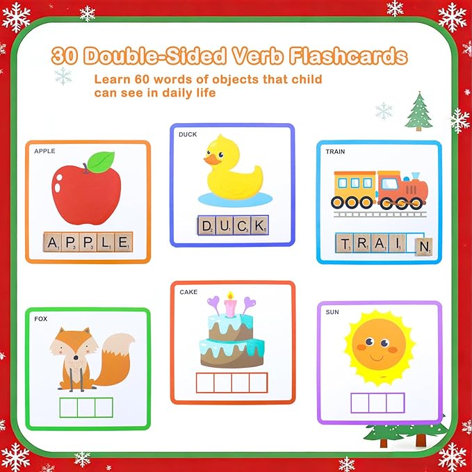 Spelling Games, Sight Word Games for Kids 3-8, 30 Double-Sided Alphabet Flash Cards, 100 Wooden Letters, Preschool Learning Activities Toys, Montessori Educational Toys Gifts for Kids