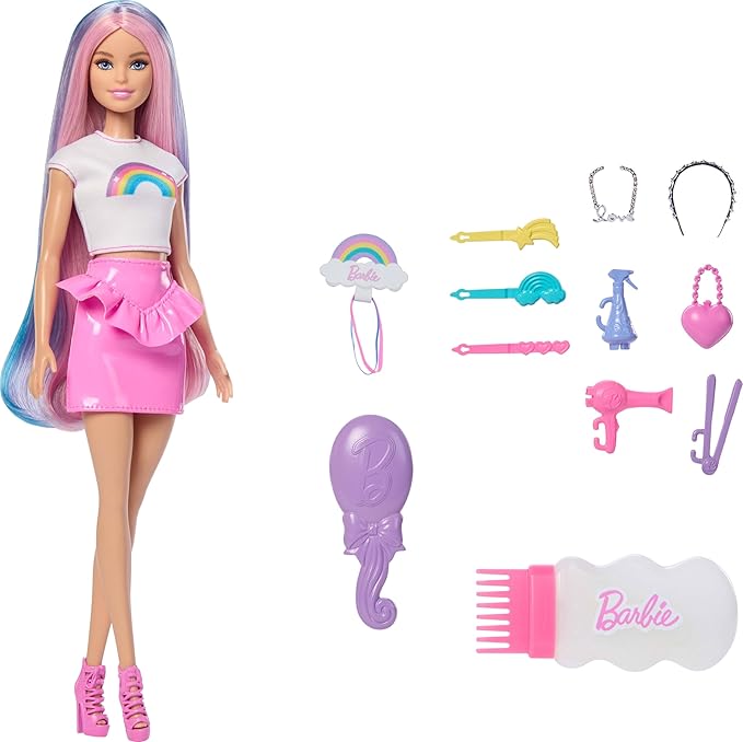 Barbie Rainbow Sparkle Hair Doll, Extra-Long and Colorful Hair with 12 Styling Accessories Like Glitter Tube, Brush, Clips, Dryer and More