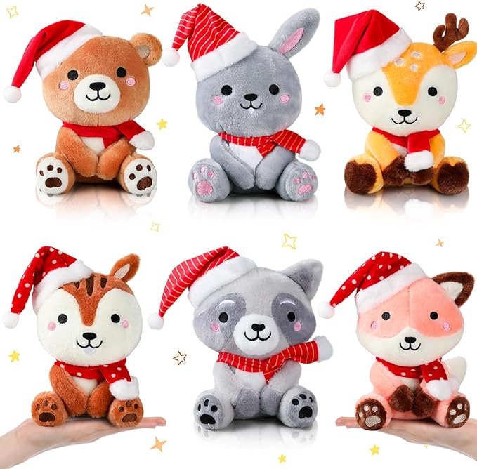6 Pcs 7 Inch Large Woodland Animals Bulk with Red Hat & Scarf Bear Rabbit Squirrel Deer Raccoon Fox Plush Toys for Woodland Baby Showers Party Decor Birthday Gifts Classroom Awards