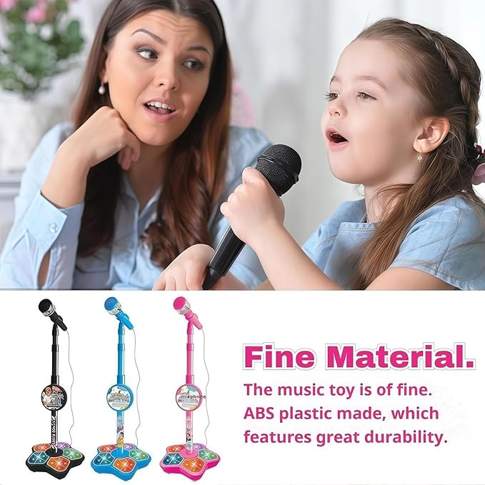 Star Microphone with Stand, 2026 New The All in One Microphone Toy with Stand Adjustable, Built-in Music, Colorful Lights&Echo Effects, Microphonetoy Karaoke Machine for Singing, Music Play (Black)