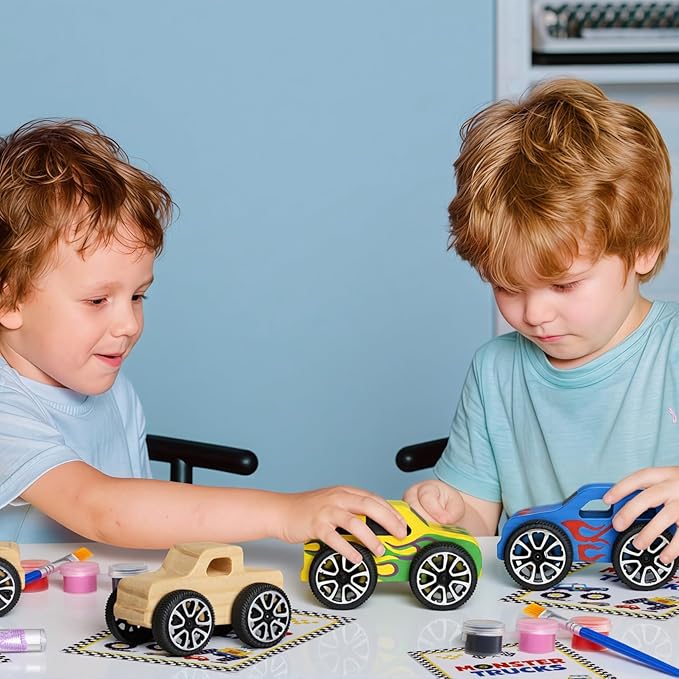 12 PCS Monster Truck Party Favors & DIY Craft Kit - Unfinished Wooden Truck Painting Set with Bubble Wands, Paints, Brushes & Cards - Birthday Party Favors for Kids, Boys & Girls, Classroom Rewards