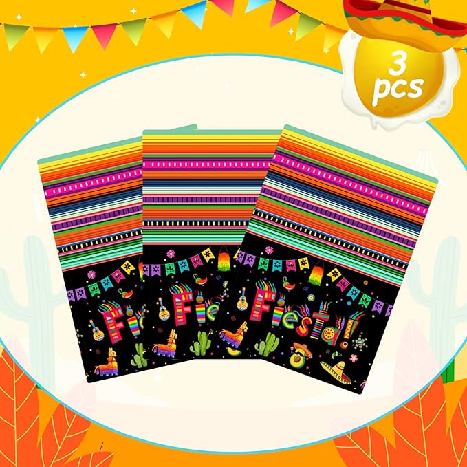 Mexican Fiesta Party Tablecloth Set, 3pcs, 107.8''x54'', Multicolored, Striped with Letters, Cinco de Mayo, Mexican Themed Birthday Party Decorations
