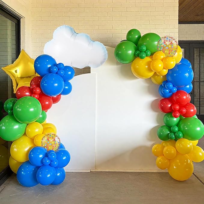 Red Yellow Blue Balloons, 12 Inch Red Yellow Blue Green Confetti Balloons with Cloud and Star Foil Balloon for Birthday Baby Shower Carnival Circus Party Decoration