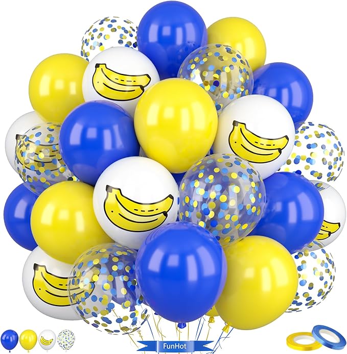 Blue and Yellow Balloons, 50PC 12 Inch Blue Yellow Gold Confetti White Banana Print Balloons for Birthday Baby Shower Graduation Party Decorations