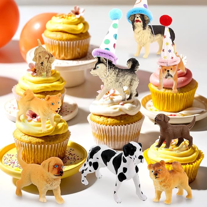 Hooqict 20Pcs Dog Cake Topper Animals Figures with Mini Party Hats Dog Birthday Cake Decorations Cupcake Toppers for Puppy Themed Birthday Party Decorations