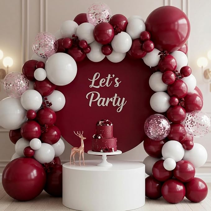 RUBFAC Burgundy Balloons 129pcs Different Sizes Pack of 18 12 10 5 Inch, Latex Maroon Dark Ruby Red Balloon Garland Arch Kit for Wedding Anniversary Birthday Party Decorations