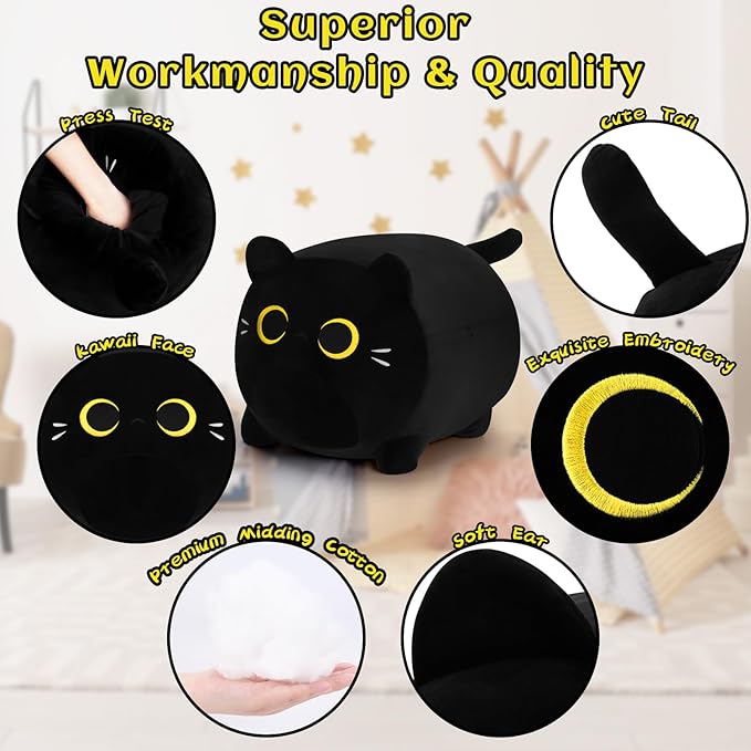Black Cat Plush Pillows-20''Large Soft Plushies, Gold Eyes Black Cat Plush Pillow, Cat Anime Plush Cute Plush Cat Plushie Stuffed Cat Stuffed Animals, Birthday Gift for Kids Girls Boys