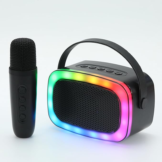 IQ Sound IQ-908K Mini Karaoke Bluetooth Speaker with Wireless Microphone, RGB Lights Surround, Fun Voice Changing in Rechargeable Compact, and Portable Design Ideal Gifts for Kids and Adults (Black)