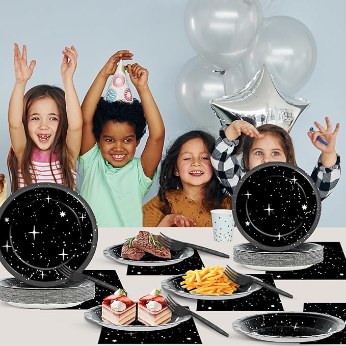 Qyeahkj 200Pcs Stars Birthday Party Decorations Galaxy Plates and Napkins Space Theme Paper Plate Supplies for Outer Spaces Disposable Tableware Dinnerware Set Baby Shower Night Sky Decor for 50 Guest