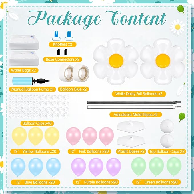 Kasyat 2 Sets Daisy Pastel Party Balloon Column Stand Kit, Adjustable Groovy Balloon Arch Stand Kit for Macaron Boho Summer Daisy Floral Theme Easter Party Decoration
