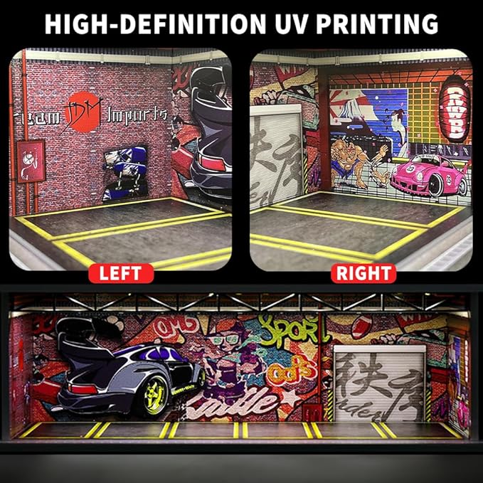 1/64 Scale Hot die-cast Wheels Model car scenarios Display case with LED Light and Acrylic Cover, Scenes Parking lot Diorama Storage Garage Box with 6 Parking Spaces (Graffiti)