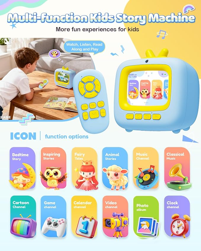 Kids Story Machine Toys for 3-8 Year Old Boys Girls, Toddler TV Toys with Video Player, Music Player, 100+ Stories, Alarm Clock, Game, Chritmas Birthday Festival Gift for Kids (Blue)