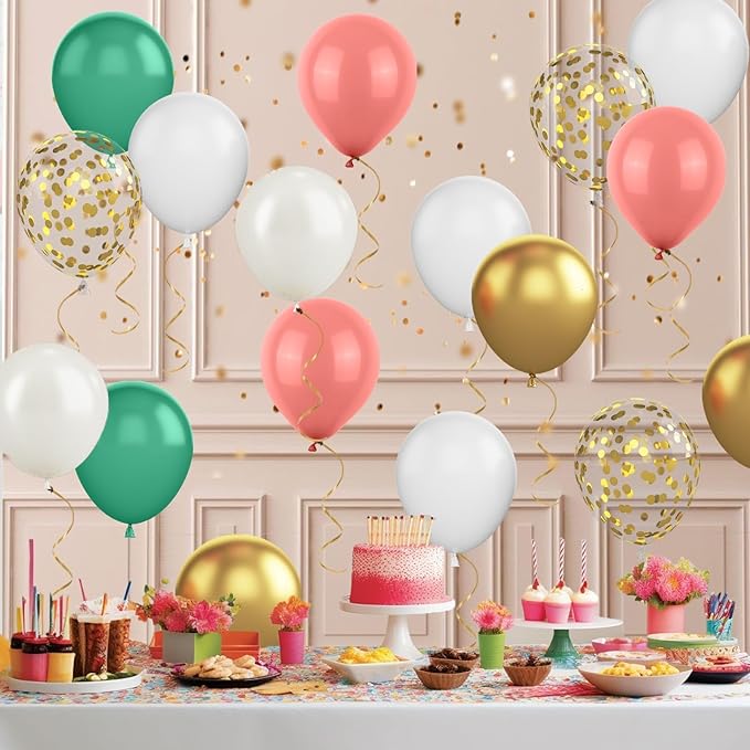 Sage Green Pink Balloons, 12 Inchs Retro Pink Green White Metallic Gold Balloons, Pastel Birthday Balloon for Girls' Birthdays Jungle Safari Baby Shower Wedding Party Decoration