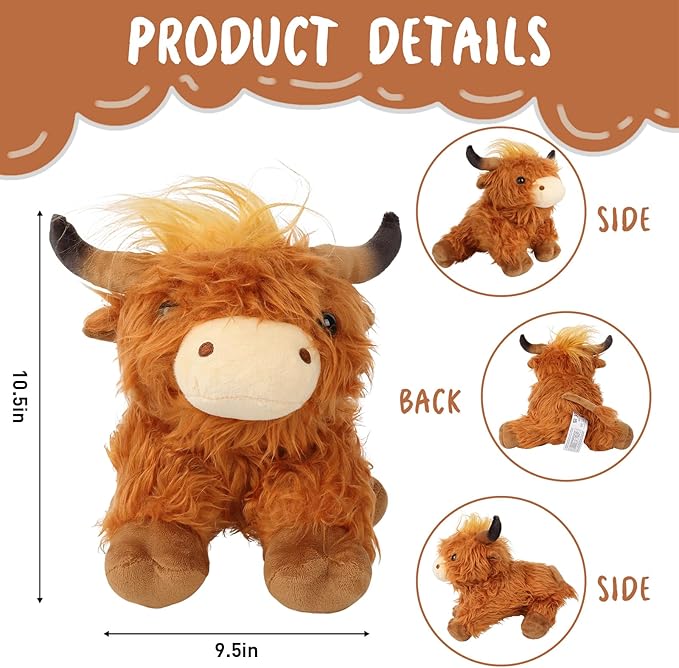 11.5" Highland Cow Stuffed Animal，Soft and Fluffy Highland Cow Stuffed Animal, Best Gift for Kids & Girls Halloween, Christmas or Birthday (Brown)