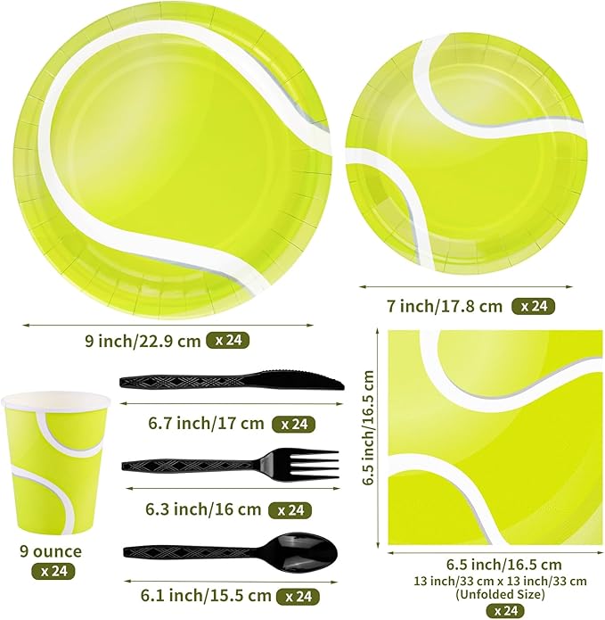durony 169 Pieces Tennis Party Supplies Include 48 Tennis Dessert Plates 24 Tennis Paper Cups Plastic Tablecloth 24 Tennis Napkins 24 Knives 24 Forks 24 Spoons Tennis Disposable Tableware Set