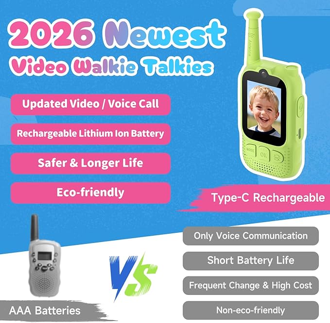 Kids Audio/Video Walkie Talkies, 2 Pack Rechargeable Walkie Talkies for Kids with 2’’ Screen & Camera & Voice Changer, Long Range Boys Girls Toys for Indoor Outdoor Camping Hiking Games (Green/Green)
