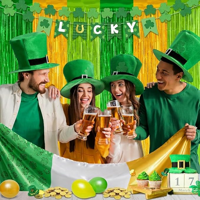 Green Gold Light Gold Fringe Curtain Party Streamers 2Pack 3.3 x 8.3 Ft Foil Fringe Backdrop Curtains for Birthday Wedding Bridal Holiday Tinsel Streamers Green Party Decorations Door Streamer