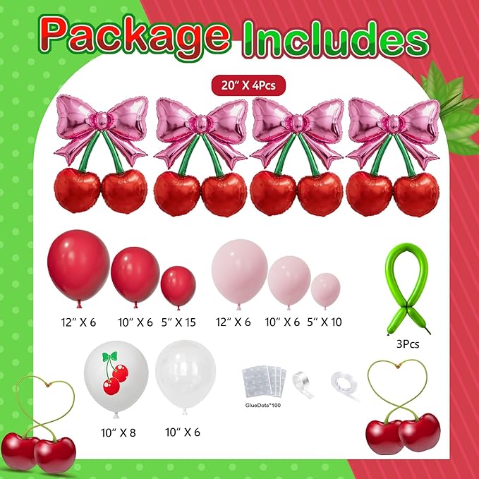 Bonropin 76pcs Pink Bow Red Cherry Balloons with Red Pink Cheery Print Balloon for She's The Cherry On Top Party Foil Balloon Berry First Birthday Decorations Baby Shower Bridal Wedding Party Supplies