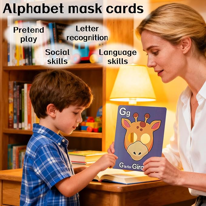26pcs Alphabet Flash Cards, Giant ABC Mask Cards for Toddlers 1-3 with Animal Faces Uppercase & Lowercase Letter Flashcard Interactive Education Learning Games for Kids Preschool Kindergarten Baby