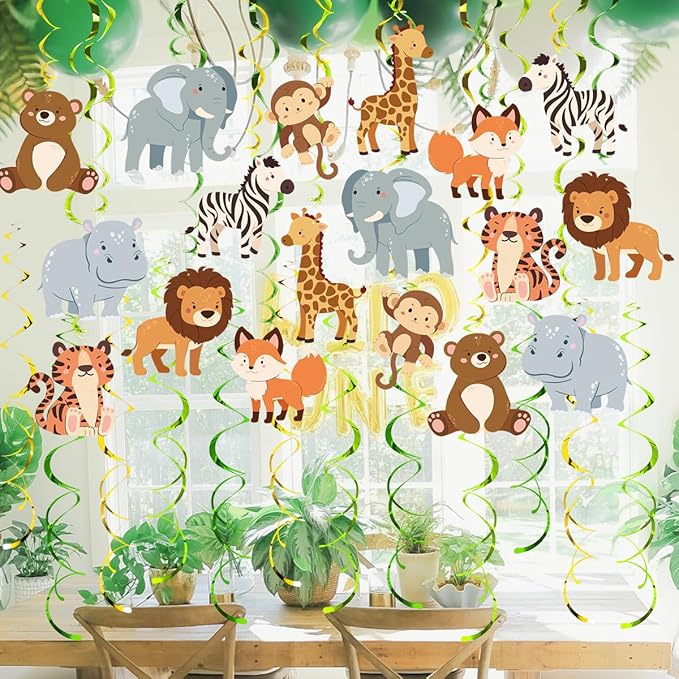 Safari Animal Party Streamers, 48 Pcs Jungle Theme Hanging Swirl Decorations - Hippo, Lion, Zebra & More for Birthday, Holiday, Classroom & Party Decor
