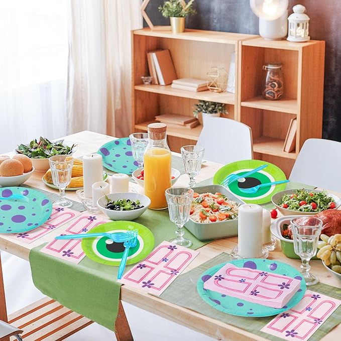 Monster Birthday Party Supplies - 96pcs Paper Plates Napkins Plastic Forks Kids Girl Boy Little Birthday Party Table Decorations Monster Themed Disposable Cake Tableware Set for 24 Guests