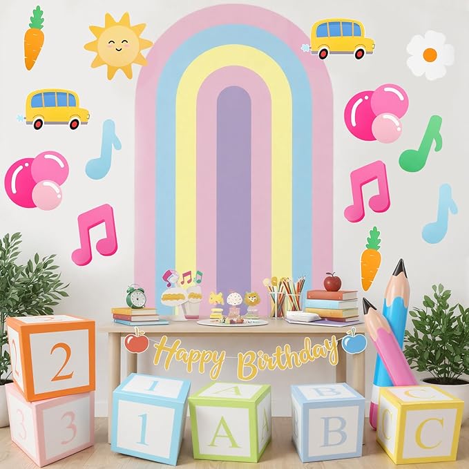 Moukeren 23 Pcs Large English Teacher Party Decor Kit Backdrop, 12 Cutouts, 4 Pencil Balloons 6 ABC Paper Blocks for Cartoon Girls Birthday Party Supplies Cartoon Themed Events