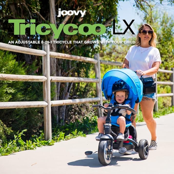 Joovy Tricycoo LX Premium Kids Tricycle with 8 Stages Featuring Chunky Front Tire, Removable and Adjustable Parent Handle, Machine-Washable Seat Pad, and Retractable Canopy, Black, 1 Count (Pack of 1)