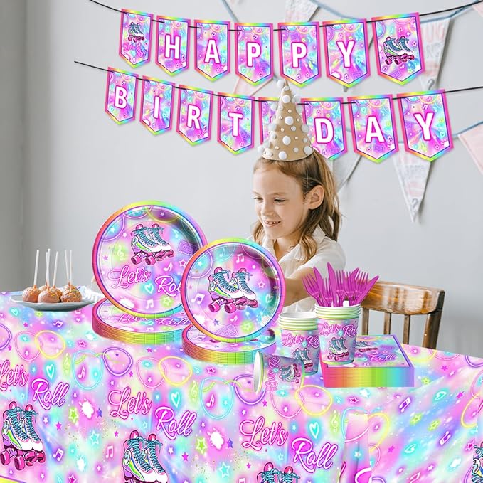 142Pcs Roller Skating Birthday Party Supplies Tableware Set Roller Skater Decoration Let's Roll Birthday for Boy or Girl,Colorful Plates and Napkins Cups Tablecloth Banner