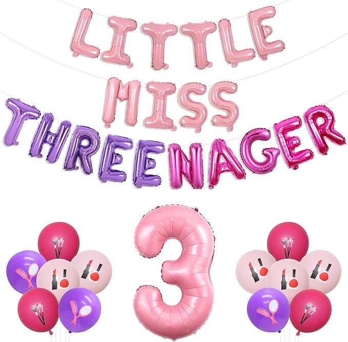 Little Miss Threenager Birthday Decorations Little Miss Threenager Balloon Banner Spa Theme Number 3 Balloons Makeup 3rd Party Supplies for Girls 3rd Birthday for Beauty Salon Bday