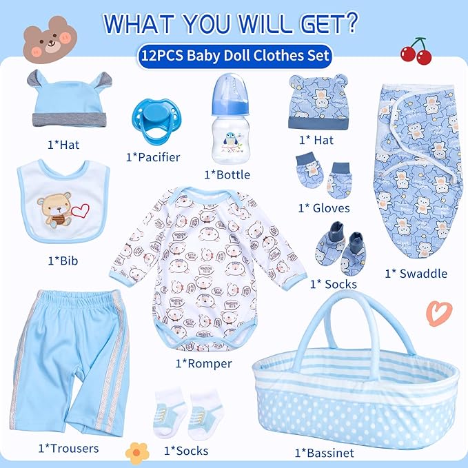 Reborn Baby Doll Clothes 12pcs for 17-22 Inch Reborn Dolls Clothes Accessories Blue Luxurious Gift Set (Bassinet+ Blanket)